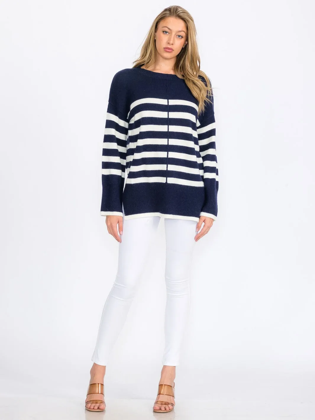 WOMEN'S LONG SLEEVE COLORBLOCK STRIPES PULLOVER SWEATER