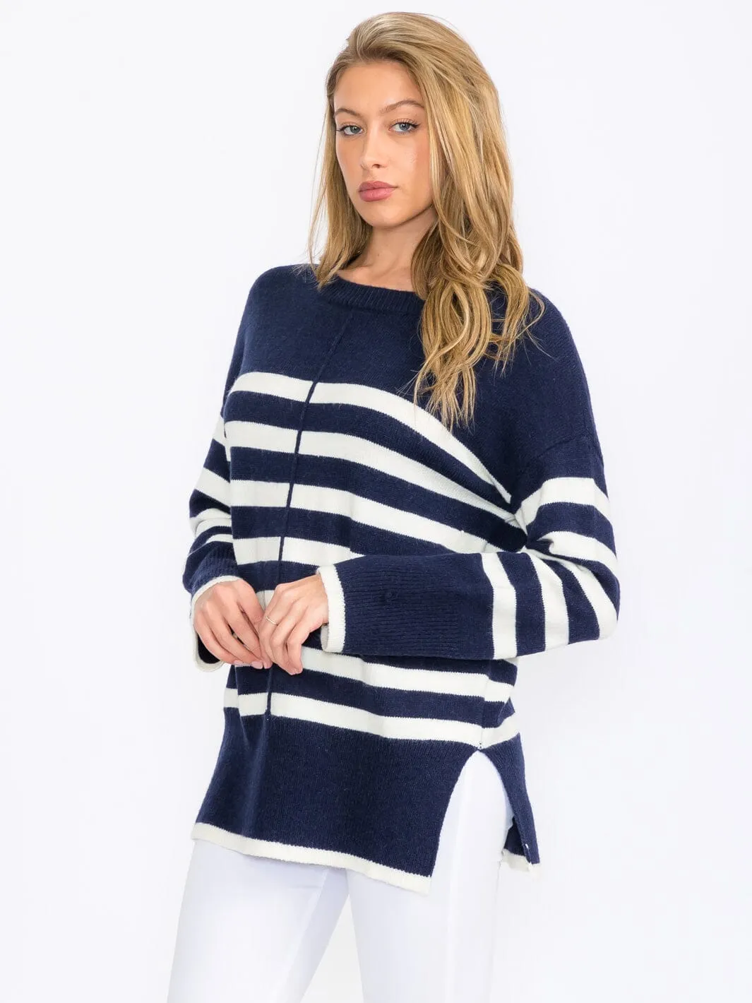 WOMEN'S LONG SLEEVE COLORBLOCK STRIPES PULLOVER SWEATER