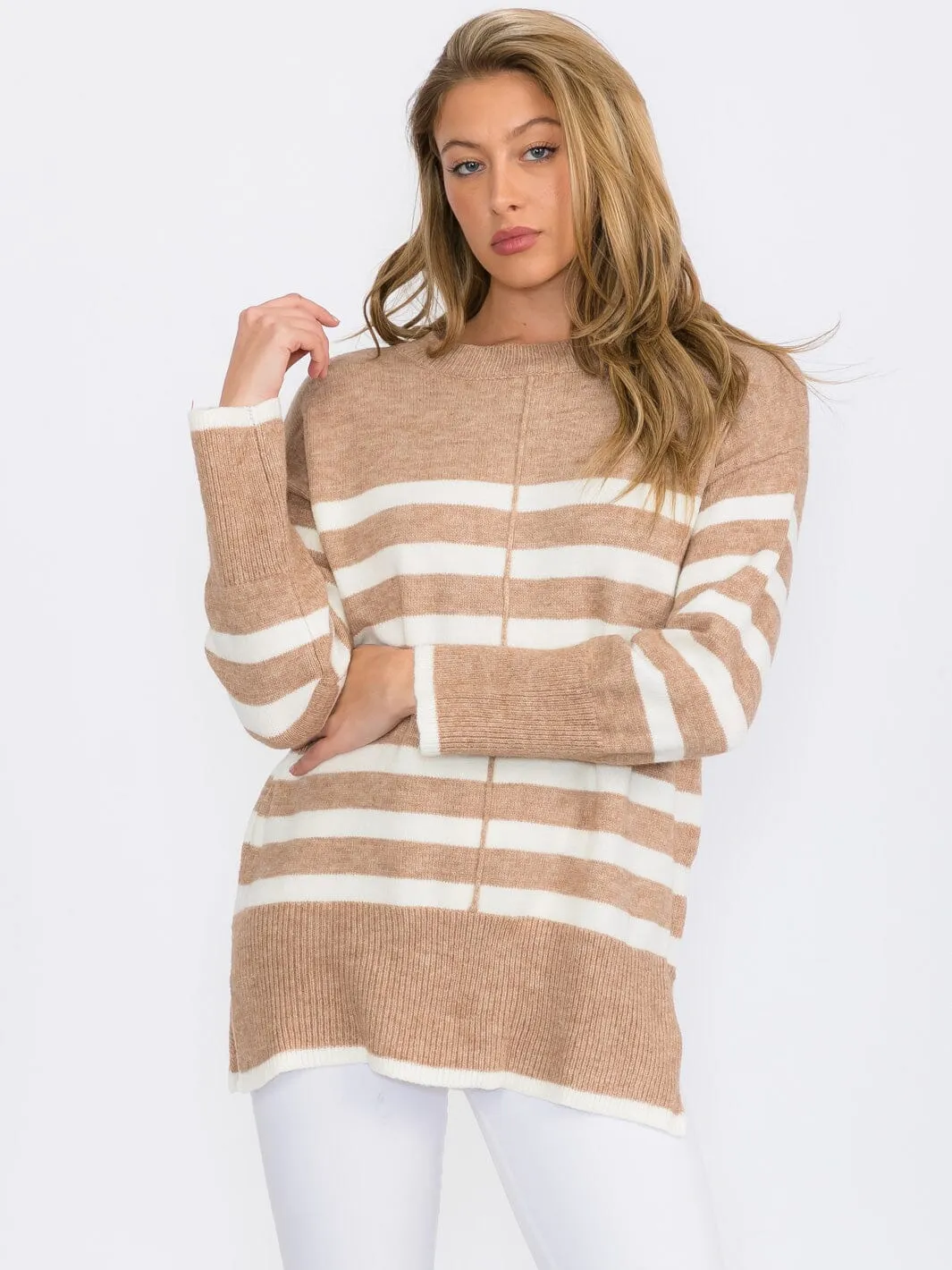 WOMEN'S LONG SLEEVE COLORBLOCK STRIPES PULLOVER SWEATER