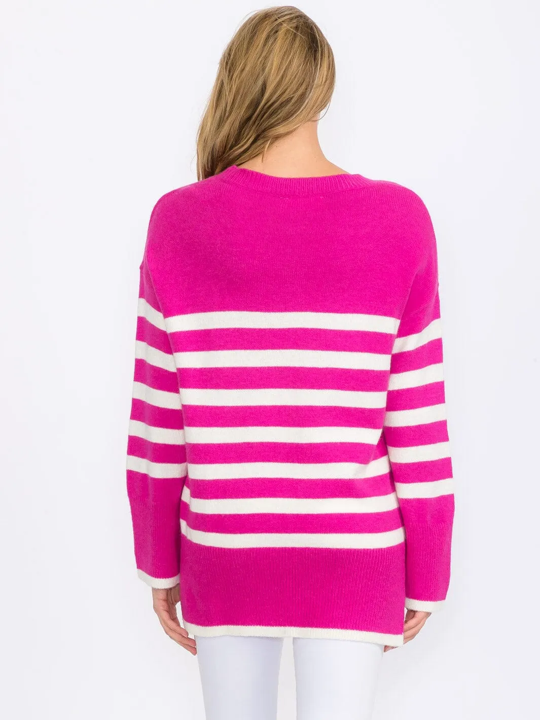 WOMEN'S LONG SLEEVE COLORBLOCK STRIPES PULLOVER SWEATER