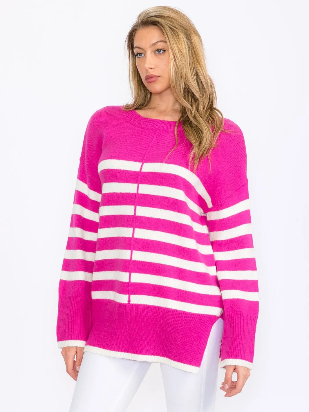 WOMEN'S LONG SLEEVE COLORBLOCK STRIPES PULLOVER SWEATER
