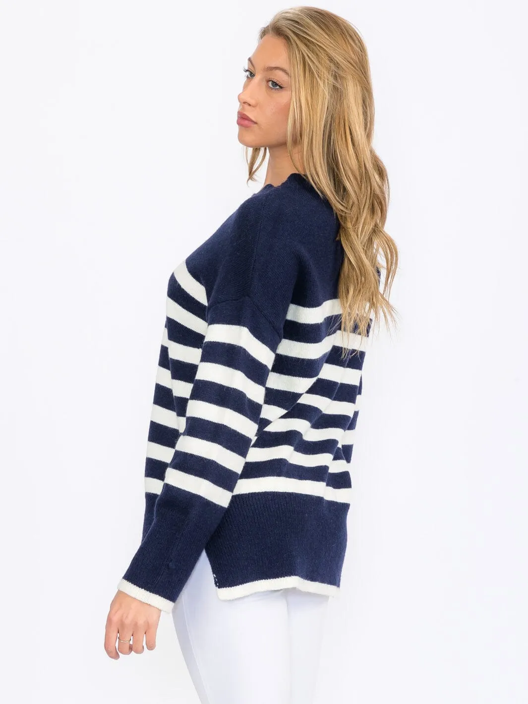 WOMEN'S LONG SLEEVE COLORBLOCK STRIPES PULLOVER SWEATER