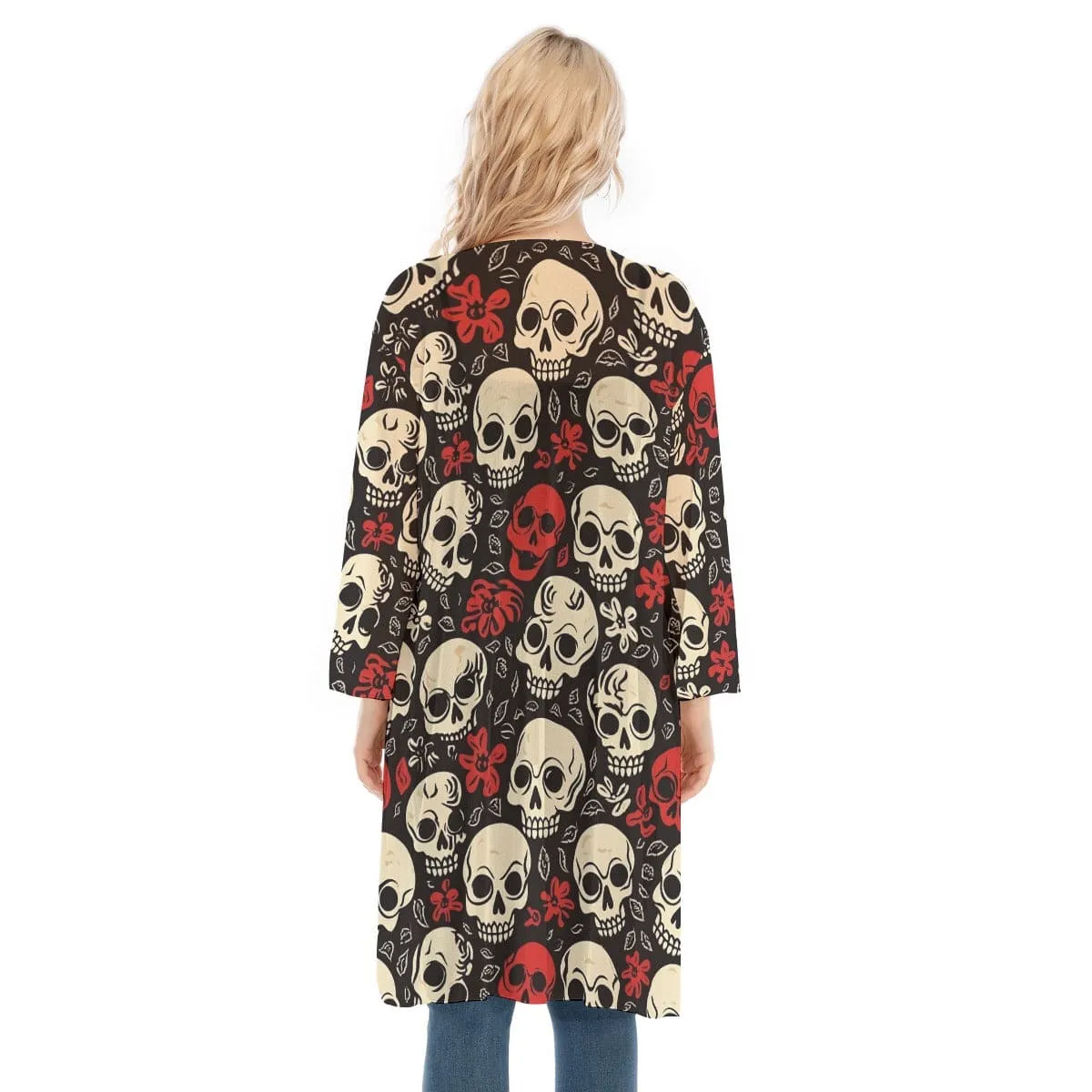 Women's Red And White Skulls Mesh Cardigan