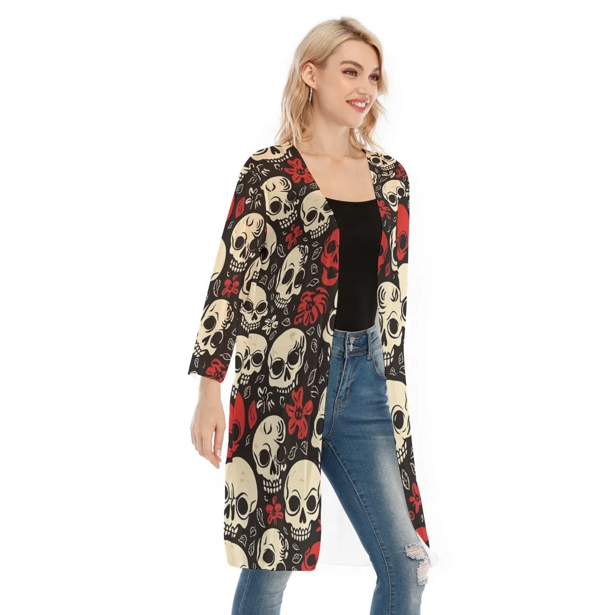 Women's Red And White Skulls Mesh Cardigan
