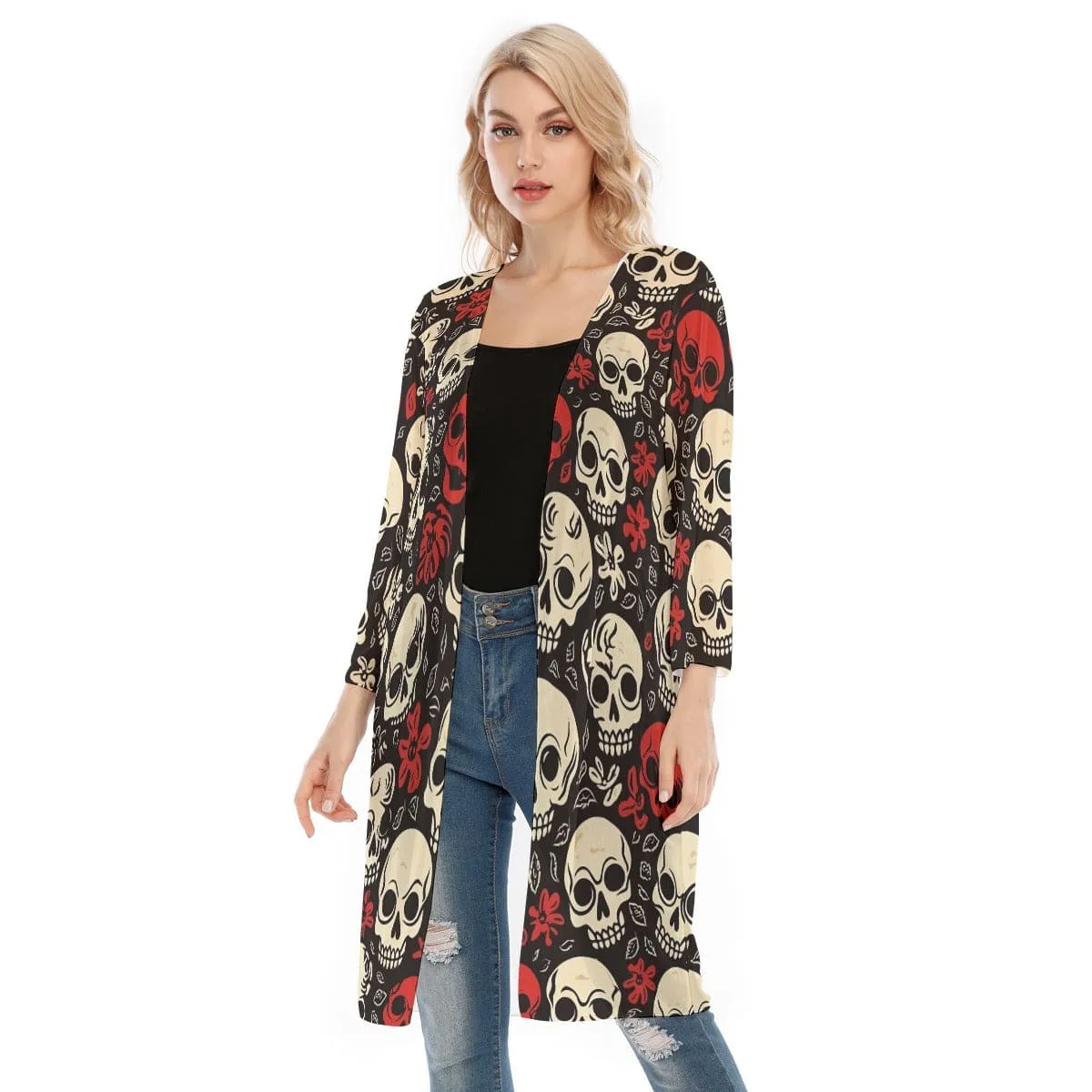 Women's Red And White Skulls Mesh Cardigan