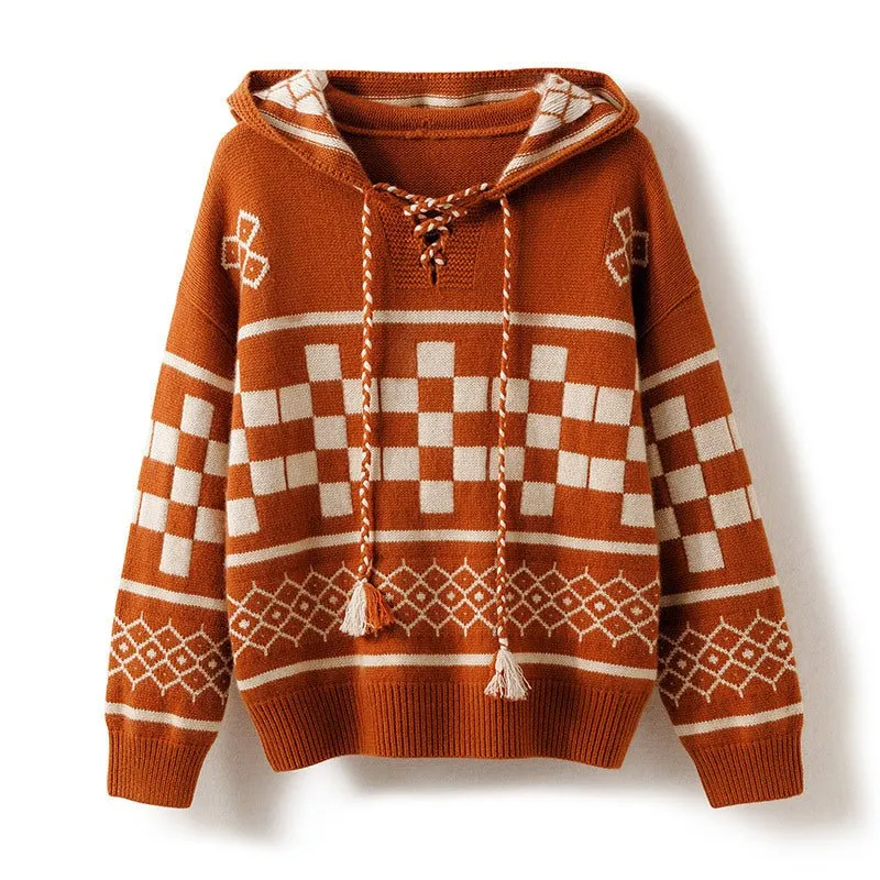 Womens Vintage-Inspired Knit Cashmere Hoodie With Geometric Pattern