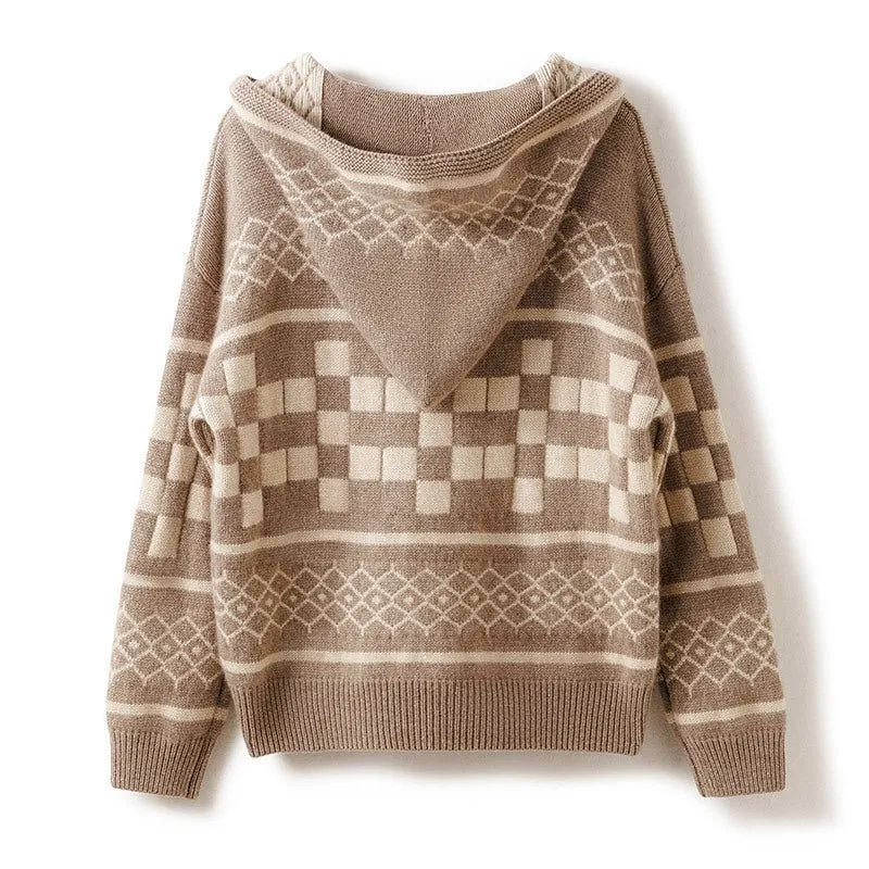 Womens Vintage-Inspired Knit Cashmere Hoodie With Geometric Pattern