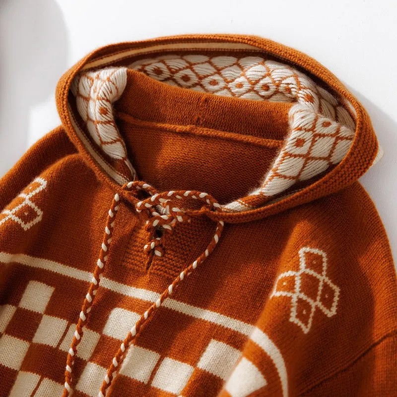 Womens Vintage-Inspired Knit Cashmere Hoodie With Geometric Pattern