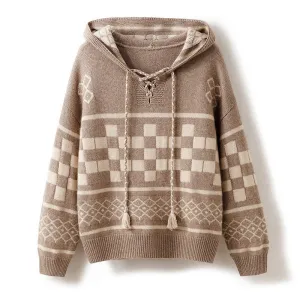 Womens Vintage-Inspired Knit Cashmere Hoodie With Geometric Pattern