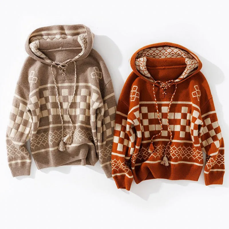 Womens Vintage-Inspired Knit Cashmere Hoodie With Geometric Pattern
