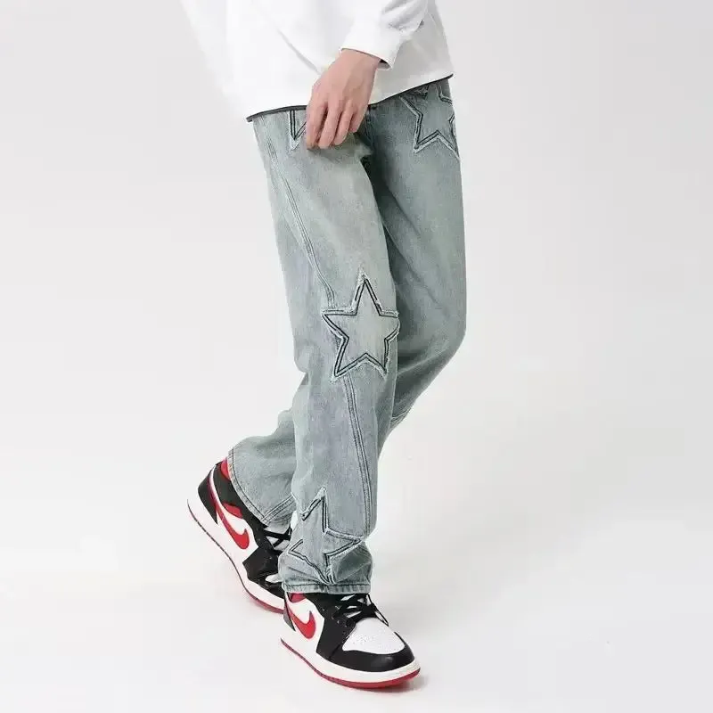 Y2K Geometric Denim Jeans for Men in Loose Fit Full Length Style