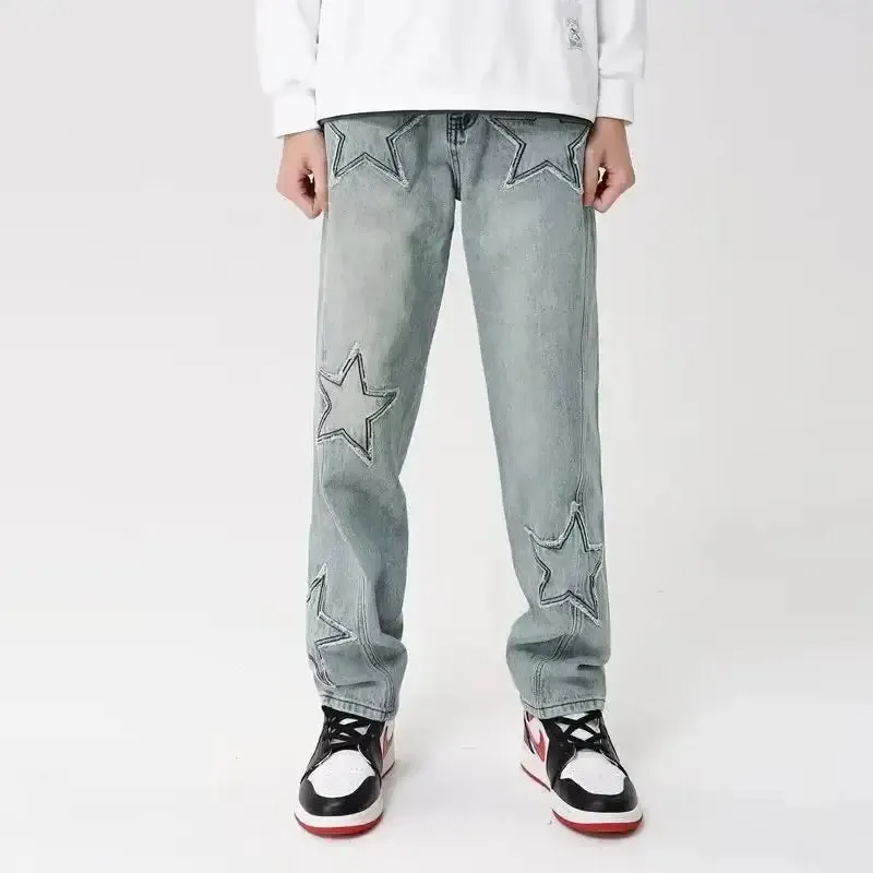 Y2K Geometric Denim Jeans for Men in Loose Fit Full Length Style