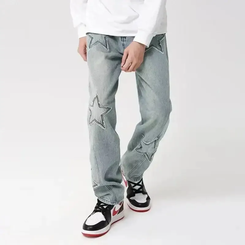 Y2K Geometric Denim Jeans for Men in Loose Fit Full Length Style