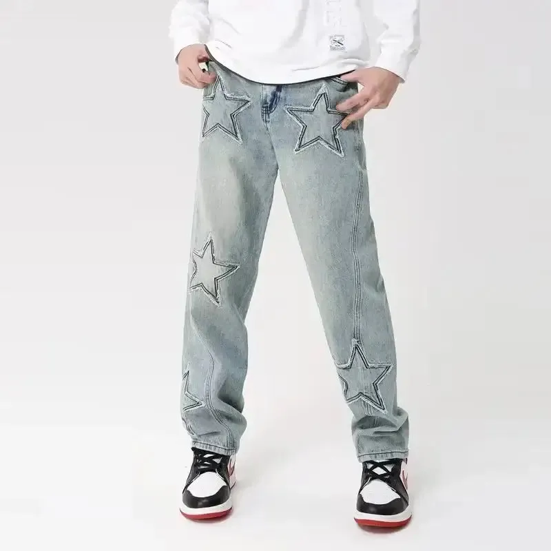 Y2K Geometric Denim Jeans for Men in Loose Fit Full Length Style