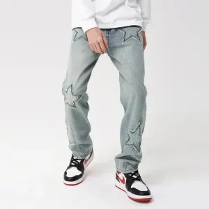 Y2K Geometric Denim Jeans for Men in Loose Fit Full Length Style