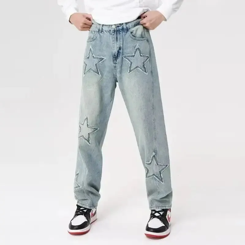 Y2K Geometric Denim Jeans for Men in Loose Fit Full Length Style