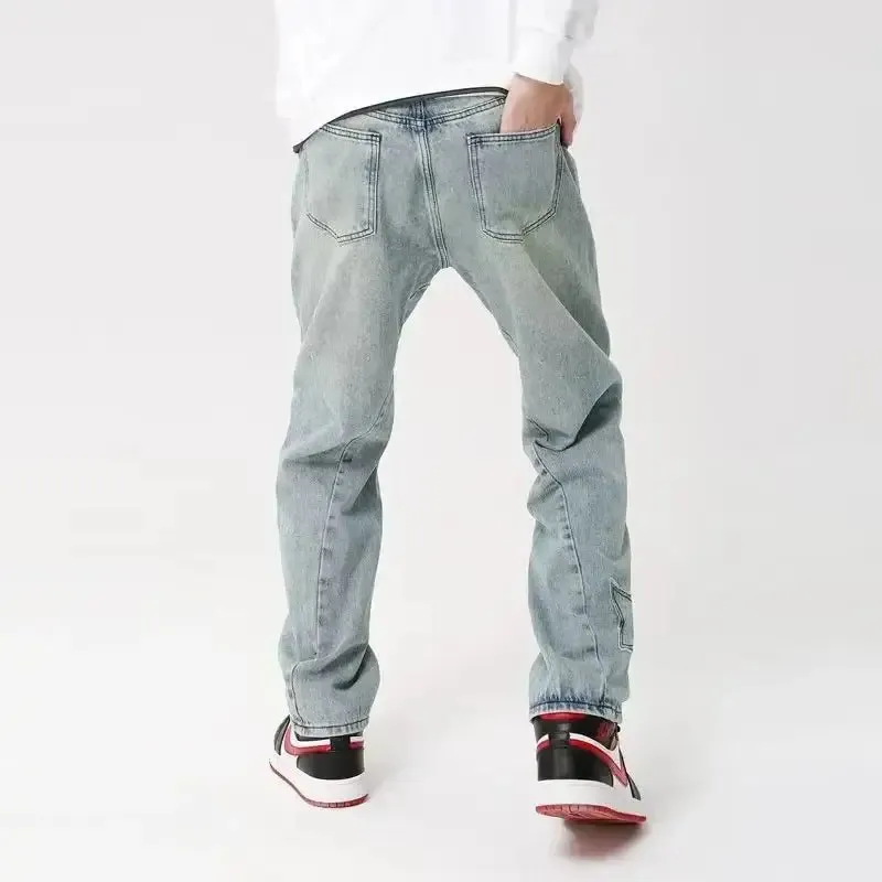Y2K Geometric Denim Jeans for Men in Loose Fit Full Length Style